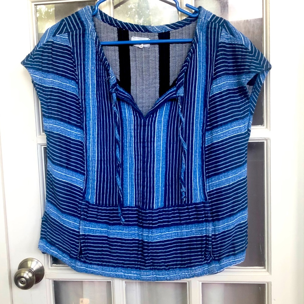 Lou & Grey Baja Top Size M Blue White Striped Knit Pockets Loose Fit Popover